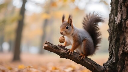 A red squirrel perches on a tree branch, holding an acorn in its paws amidst an autumnal forest backdrop.