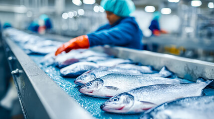 Fototapeta premium Fish processing in a seafood factory with workers handling freshly caught fish on a conveyor belt