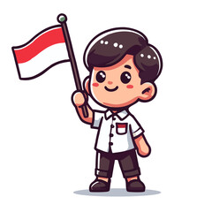 Cartoon Boy Holding Indonesian Flag with Red and White Color in White Background