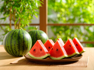 庭の見える縁側に置いている、スライスしたスイカと、切っていない丸いスイカ。
