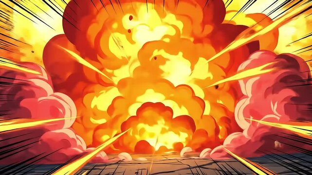 A comic book illustration of a large explosion with orange clouds and debris
