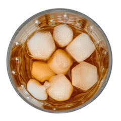 Glass of cola with ice cubes top view, isolated cold drink on white background