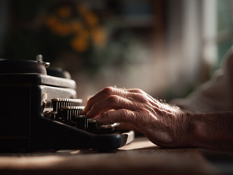 Close up of aged hands typing on a vintage typewriter. Evokes nostalgia, storytelling, creativity. Ideal for themes of history, writing, or legacy.