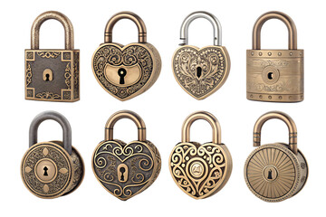 Antique Brass Padlocks Collection of Vintage Locks Isolated On Transparent Background