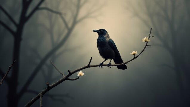 Mysterious crow perched on a barren branch under the haunting twilight sky in a secluded forest