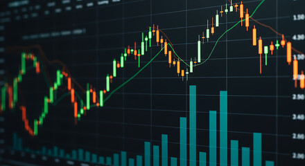 Financial stock market trading chart with candlesticks and volume bars