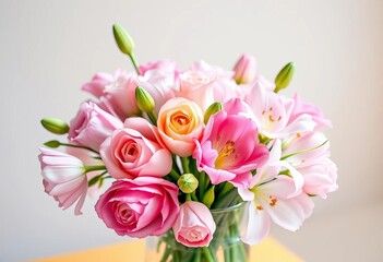 Obraz premium Delicate pastel roses, tulips, and lilies in a clear glass vase, soft light, home decor, yellow