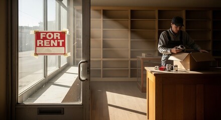 packs belongings in a box inside an empty store with a "For Rent" sign on the front window, bathed in sunlight.