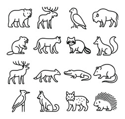 Wildlife linear icon set: bear, moose, bird, bison, beaver, cougar, raccoon, fox, deer, canine, crocodile, mouse, woodpecker