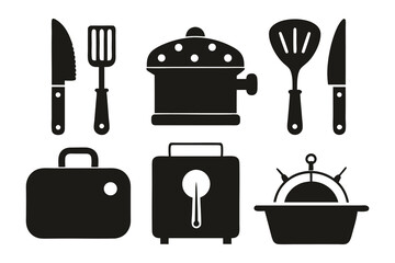 Collection of kitchen utensils and appliances including knives, spatulas, a pot, a toaster, and a serving dish, all isolated on a white background