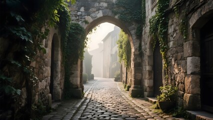 Fototapeta premium Cobbled Alleyway with Arched Stone Passages and Vine-Covered Walls