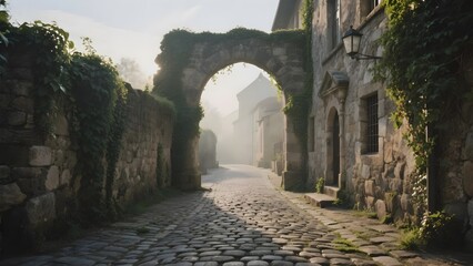 Cobbled Street with Arched Gateway in a Misty Medieval Town
