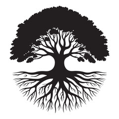 Circular tree of life and roots silhouette