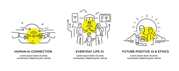 Set of illustrations concept with businessmen. technology, partnership, artificial intelligence business robot, cybes. linear illustration Icons infographics. Landing page site print poster. Line