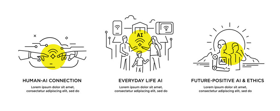 Set of illustrations concept with businessmen. technology, partnership, artificial intelligence business robot, cybes. linear illustration Icons infographics. Landing page site print poster. Line