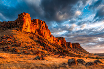 Dramatic sunset illuminates rugged mountain landscape with vibrant orange hues and dynamic cloudscape