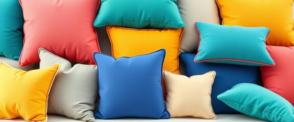 Flat cartoon multi-colored pillows; various shapes & eco-friendly fabrics Ideal for home decor, textile design mockups,  mockup template,  interior design