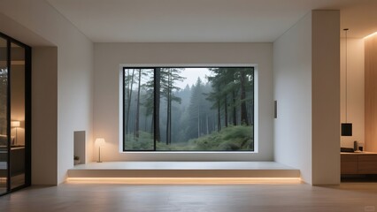 Obraz premium Modern interior with large window showcasing a serene forest view