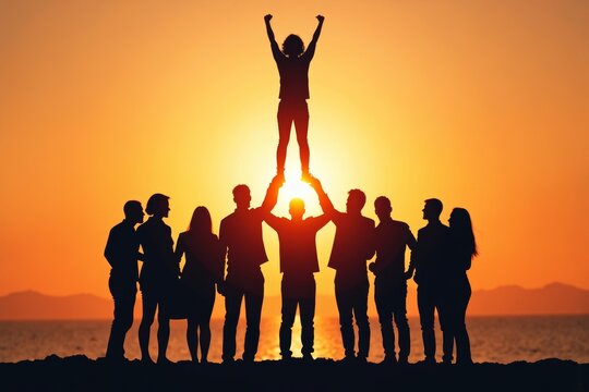 Silhouetted group united in diversity, with one leader shining above the rest in business empowerment.