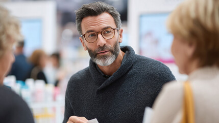 Mature man with glasses consults with others in a bright, modern setting. Suggests advice, expertise, guidance, and healthcare concepts. Useful for professional services ads.