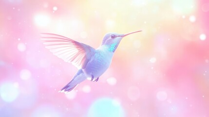 Obraz premium Tiny bird hovers with wings spread against soft pastel background