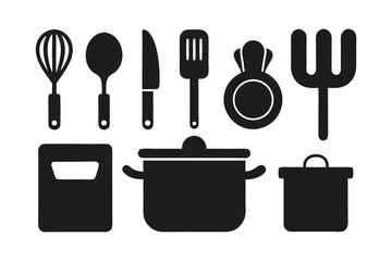 Collection of kitchen utensils and cookware including a whisk, spoon, knife, spatula, pot, and grater, isolated on a white background