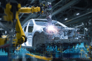 Robotic arms weld a car frame with sparks. Advanced manufacturing, future technology, automated process. For industry, business, or innovation concepts.