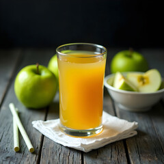 Fototapeta premium A glass of apple juice with green apples on a wooden background