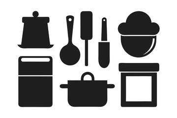 Collection of kitchen utensils and cookware, including pots, pans, and spatulas, isolated on a white background