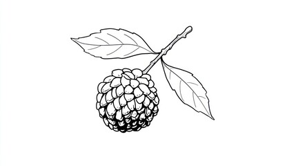 Botanical illustration of a fruit and leaves. A simple, detailed drawing of a fruit, seemingly a seed pod, attached to a stem and leaves