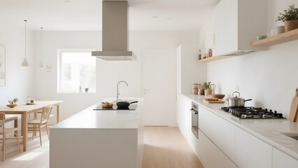 Modern minimalist kitchen with white cabinetry, central island, and natural light