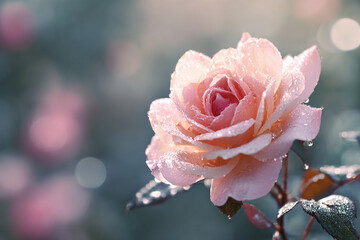 Realistic pale pink rose covered in early morning dew with soft natural light and delicate petals
