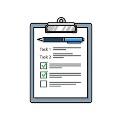 Task checklist on clipboard with pen in simple illustration style  