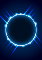 Futuristic glowing blue circle with radiant light rays on dark background, resembling a sci-fi portal, eclipse, or energy burst. Perfect for tech, space, or abstract digital designs.