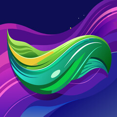 Abstract flowing green and purple wave design with yellow accent and subtle starry background