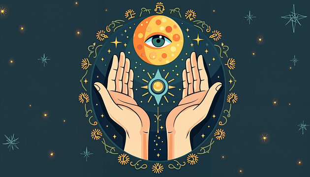 Hands holding celestial symbols against a dark night sky  
