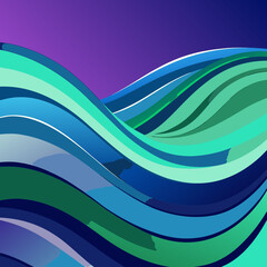 Abstract flowing waves of blue and green colors with a purple gradient background