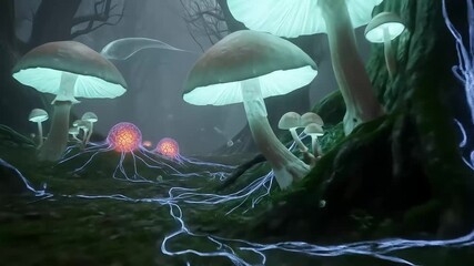 Mystical forest with glowing mushrooms and pulsating orbs - Powered by Adobe