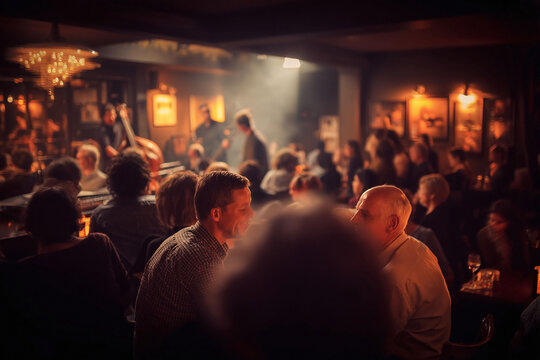 Warm ambiance of a jazz club filled with people. Focus on the lively atmosphere, engaged audience, music and golden light. Perfect for lifestyle, entertainment, or culture.