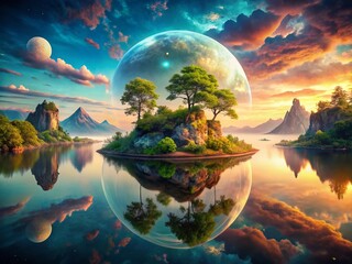 Dreamlike Floating Island Above Calm Waters: Fantasy Exploration Stock Photo