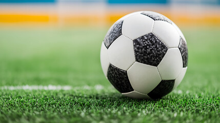 Fototapeta premium A classic black and white soccer ball sits on a vibrant green grass field, ready for the game to begin. The bright day makes the ball stand out in the stadium.