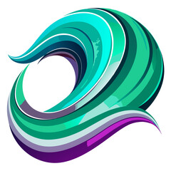 Abstract swirling wave shape with vibrant teal green and purple colors on a white background