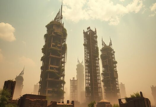 Overgrown skeletal skyscrapers pierce a dust-choked sky, remnants of a lost civilization, metal, image - Powered by Adobe