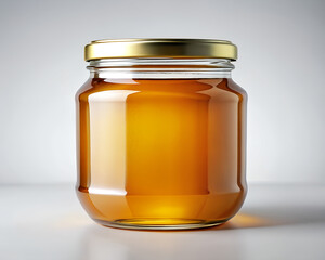 Golden organic honey in a glass jar with a metallic lid, isolated on a clean white background