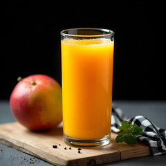 Fototapeta premium A glass of mango juice with a mango on a wooden cutting board