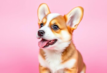 Playful corgi puppy, pink background, ears up, tongue out,   fluffy,  playful pose