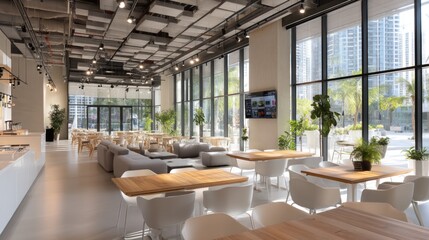 modern tech hub cafÃ© with wireless charging tables and smart glass walls