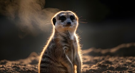 Fototapeta premium Alert Meerkat in Cinematic Backlight – Warm Steam and Golden Hour Wildlife Scene
