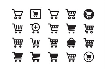 Modern online shopping and store UI icons featuring carts and bags in black