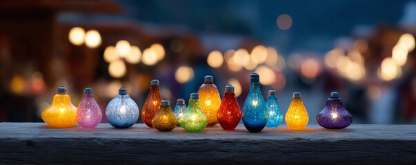 A vibrant collection of glowing, colorful lightbulbs sits on a rustic wooden surface, contrasting with the blurred bokeh background. Illustrates creativity, ideas, and innovation.